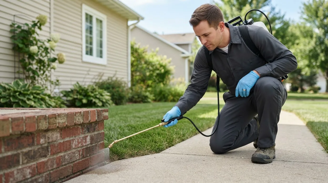 Pest control technician treating a home near Northwood, OH